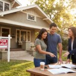 Couple and realtor reviewing documents at a table in front of a "For Sale" house on a sunny day.