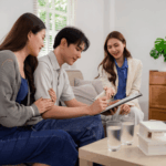Couple meeting with a real estate agent indoors, signing documents for a sold house in Arkansas with a small home model on the table.