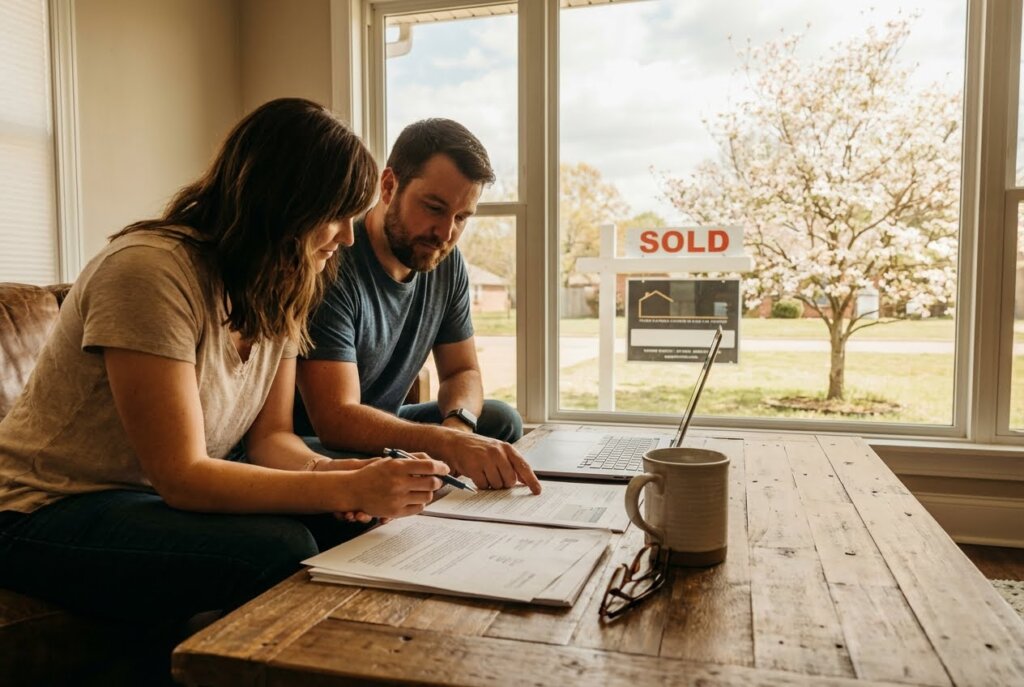 Couple reviewing documents at a table with a laptop, coffee, and a SOLD sign visible outside a window.
