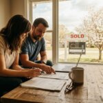 Couple reviewing documents at a table with a laptop, coffee, and a SOLD sign visible outside a window.
