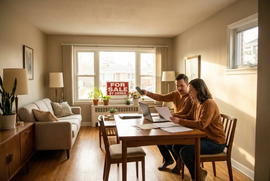 Couple reviews documents at a dining table in a sunlit living room with a FOR SALE BY OWNER sign in the window.