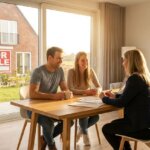Couple smiling at a real estate agent at a table, with a FOR SALE sign and brick house visible through a large window.