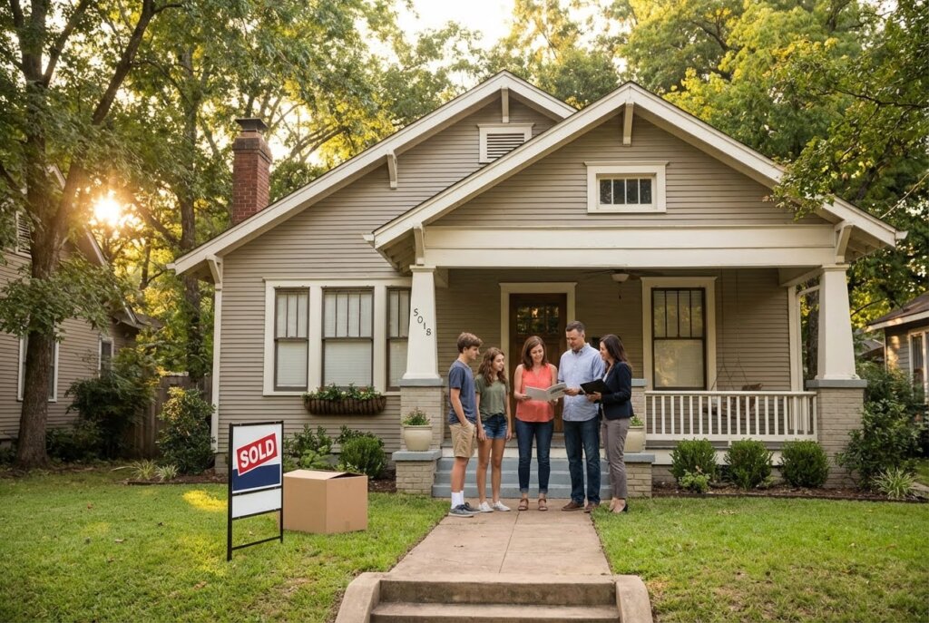 Family and realtor reviewing documents in front of a sold house with a "SOLD" sign and moving box on the lawn.