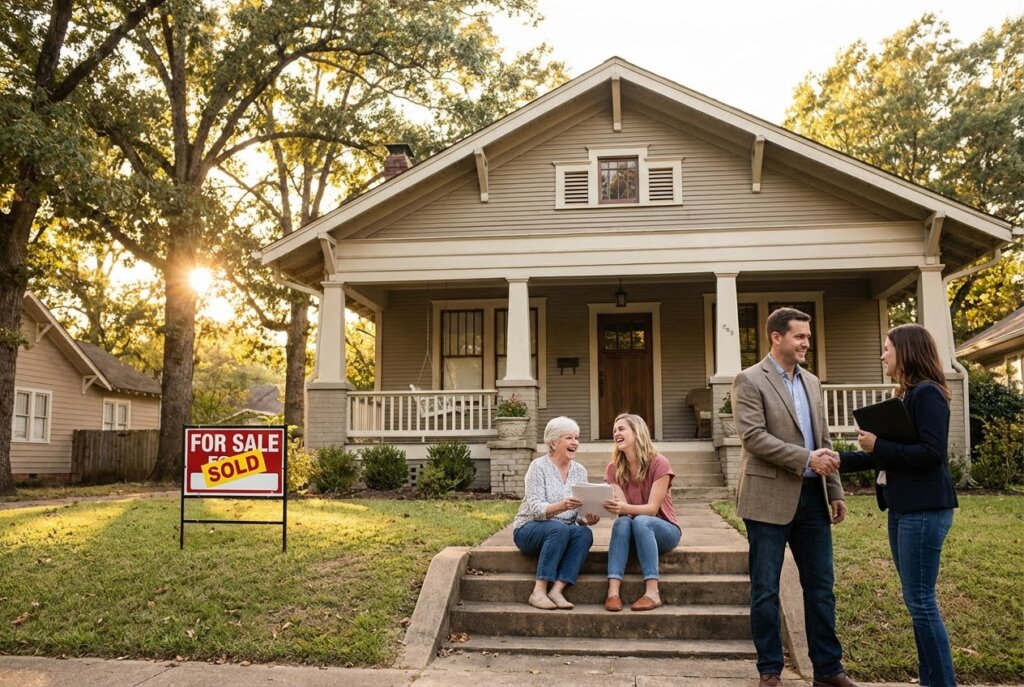 Family and realtor smiling in front of a beige house with a "For Sale - Sold" sign on a sunny day.