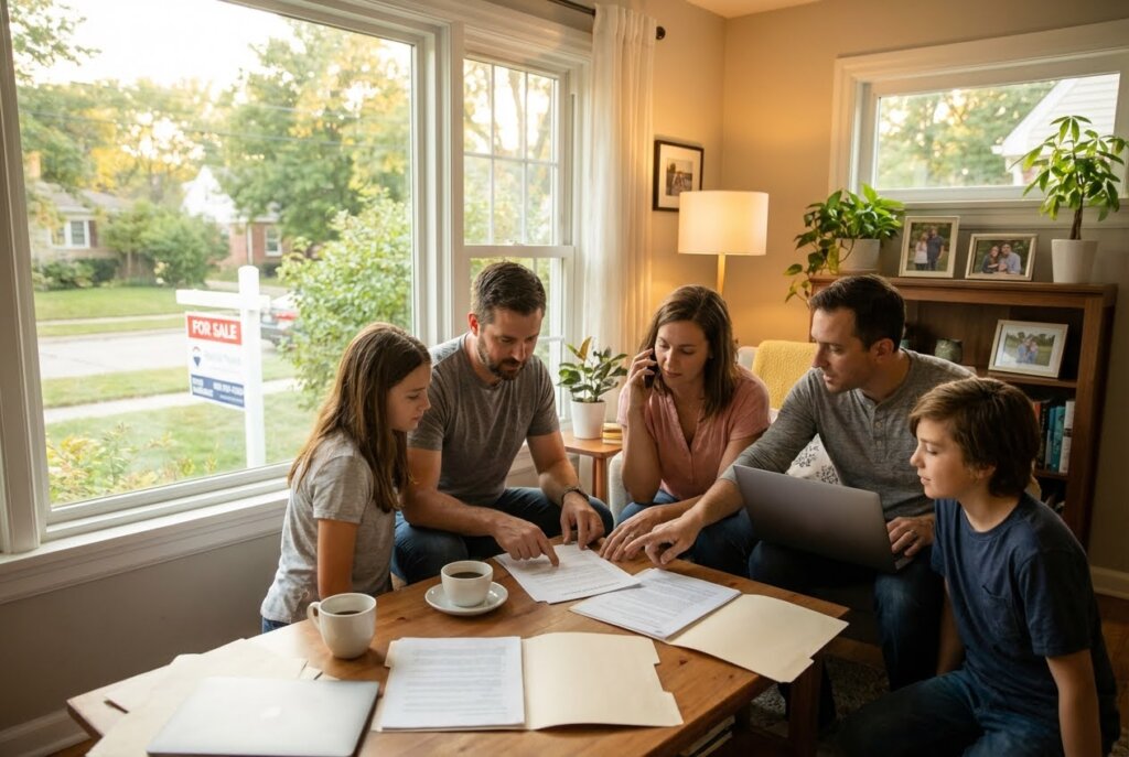Family of four reviewing documents and a laptop at a coffee table, with a "For Sale" sign visible outside the window.