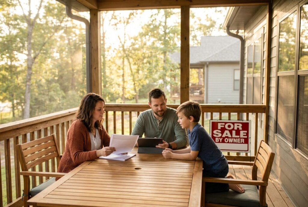 Family of three on a sunny wooden porch, reviewing documents and a tablet, with a For Sale By Owner sign nearby.