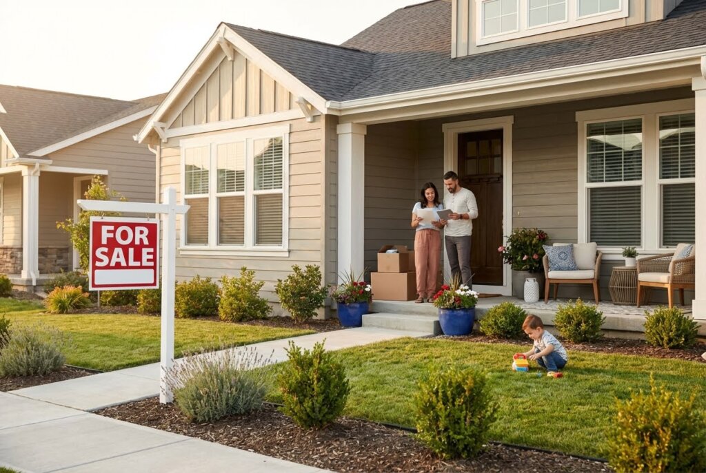 Family on porch of a house with a FOR SALE sign in the yard, a child plays on the lawn.