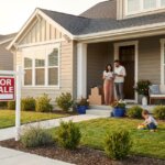 Family on porch of a house with a FOR SALE sign in the yard, a child plays on the lawn.