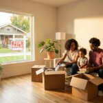 Family with child unpacking boxes in a new home, a For Sale sign visible through the window.