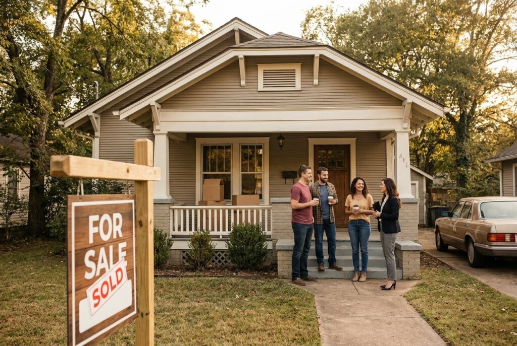 Four people chat on the porch of a beige house with a For Sale - Sold sign in the foreground.