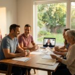 Four smiling adults, two men and two women, sit at a table with documents and a laptop showing a video call.