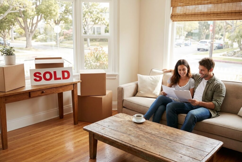 Happy couple reviewing documents on a sofa in a new home with SOLD sign and moving boxes.