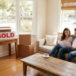 Happy couple reviewing documents on a sofa in a new home with SOLD sign and moving boxes.