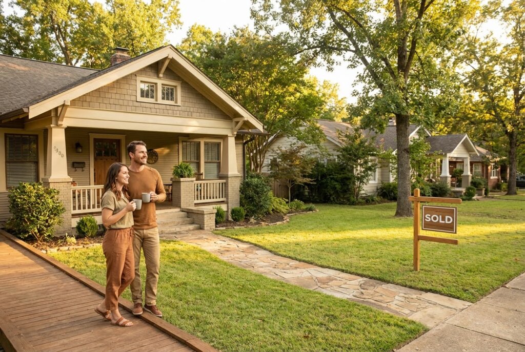 Happy couple shaking hands after buying a house, with "SOLD" and "FOR SALE" signs visible.
