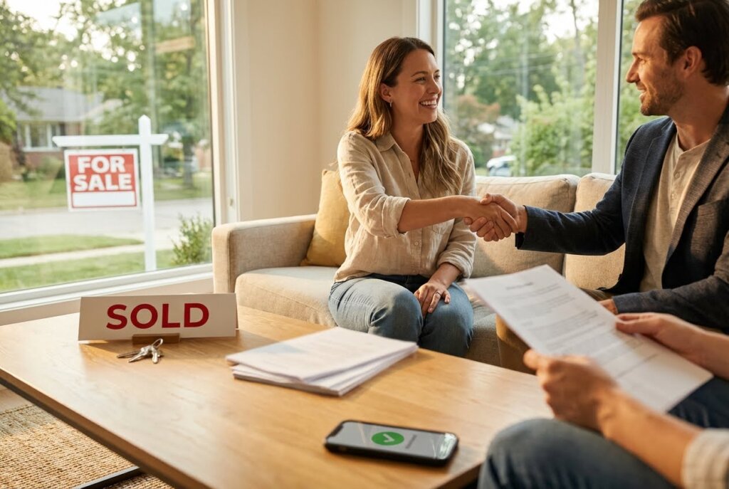 Happy couple shaking hands after buying a house, with "SOLD" and "FOR SALE" signs visible.