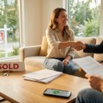 Happy couple shaking hands after buying a house, with "SOLD" and "FOR SALE" signs visible.