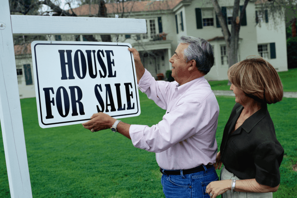 Homeowners putting up a house for sale sign on their property.