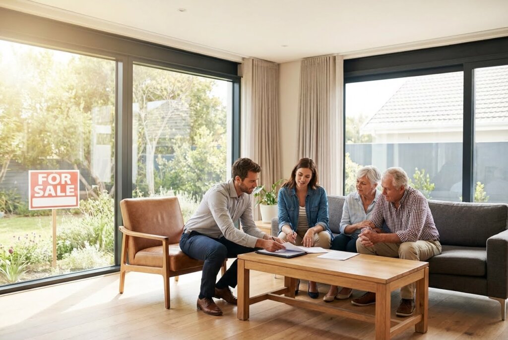 Real estate agent reviews documents with a young couple and an older couple in a bright living room with a FOR SALE sign outside.