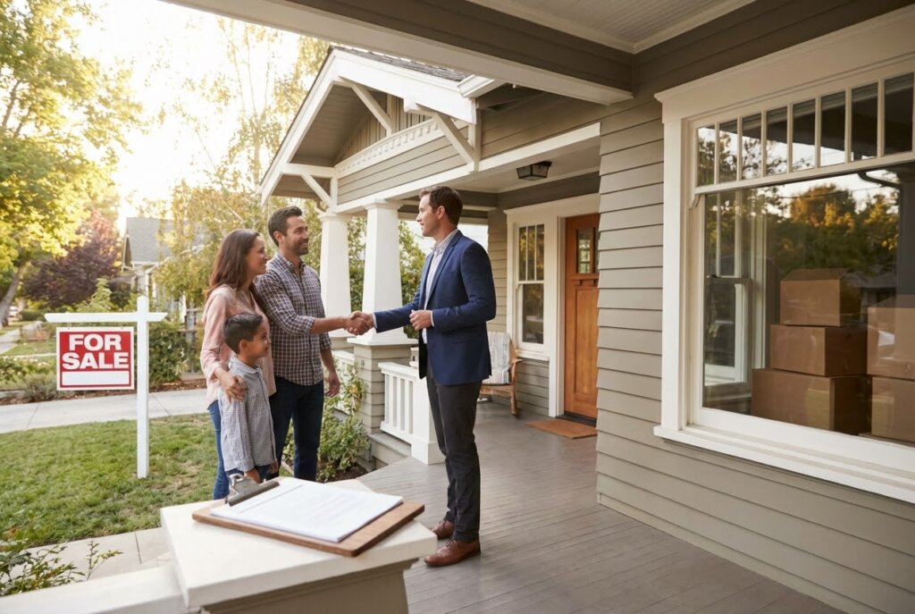 Real estate agent shaking hands with a couple and their son on a porch with a "For Sale" sign.