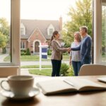 Real estate agent shaking hands with a couple in front of a brick house with a SOLD sign.