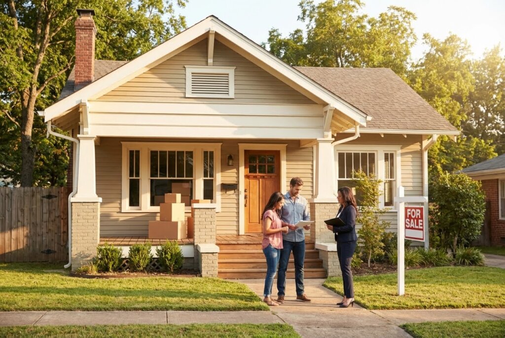 Real estate agent talking to a couple in front of a beige house with a "For Sale" sign and moving boxes.