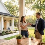 Realtor handing house keys to a smiling woman in front of a modern white SOLD home on a sunny day.