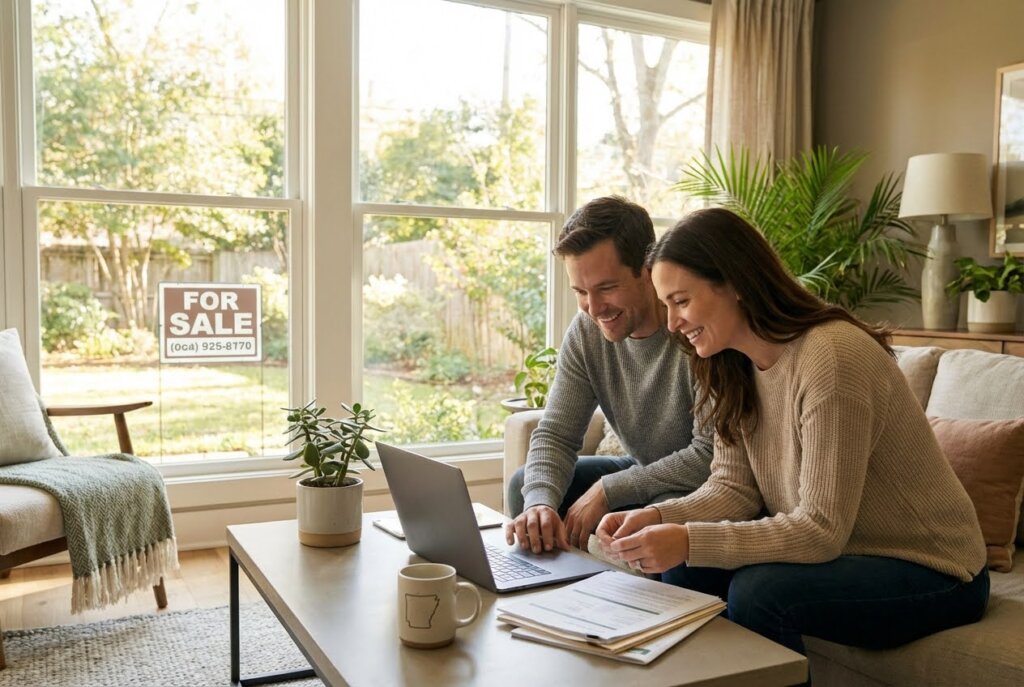 Smiling couple on a sofa looking at a laptop and documents, with a FOR SALE sign visible through a large window.