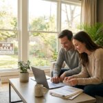 Smiling couple on a sofa looking at a laptop and documents, with a FOR SALE sign visible through a large window.