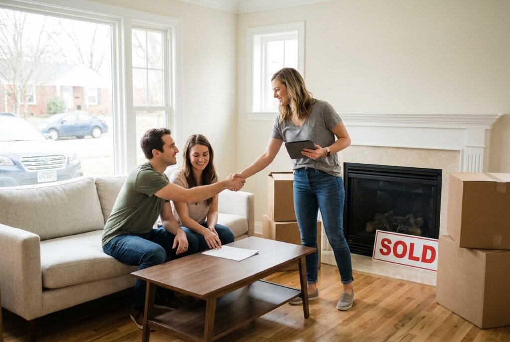 Smiling couple on a sofa shaking hands with a real estate agent in a new home with a "SOLD" sign and moving boxes.