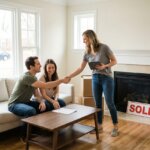 Smiling couple on a sofa shaking hands with a real estate agent in a new home with a "SOLD" sign and moving boxes.