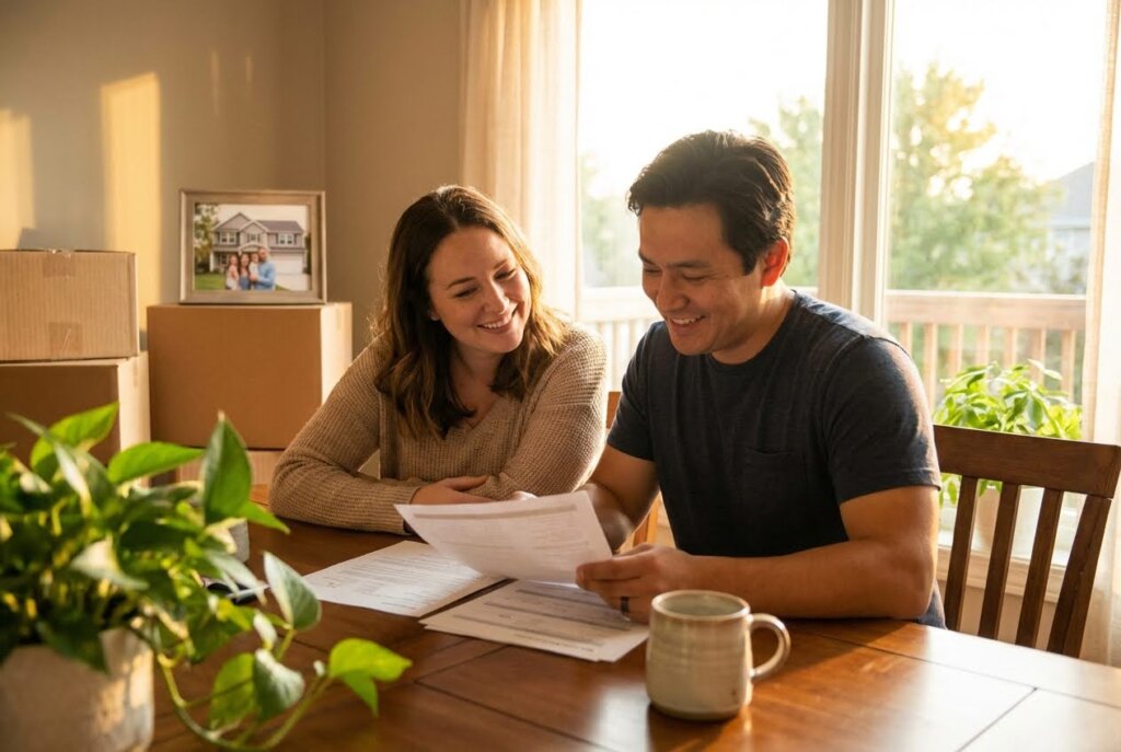 Smiling couple reviewing documents at a sunlit dining table with moving boxes and a family photo in the background.