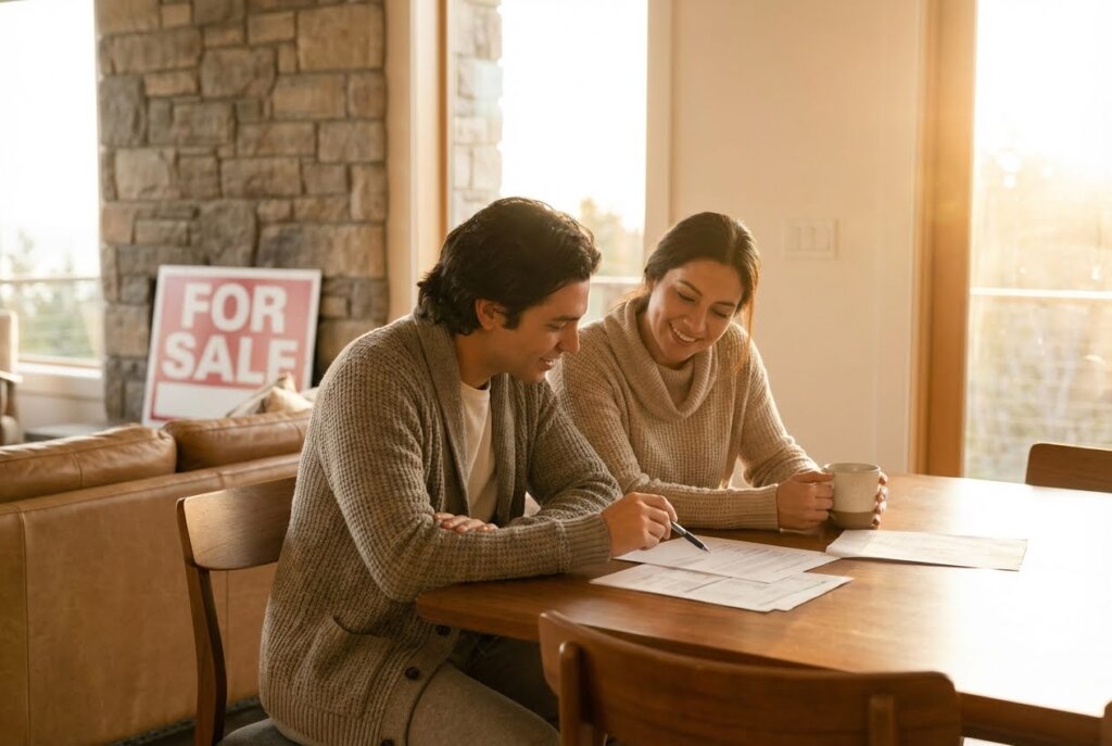 Couple and realtor reviewing documents at a table in front of a "For Sale" house on a sunny day.