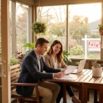 Smiling couple reviewing documents on a screened porch with a FOR SALE sign visible outside.