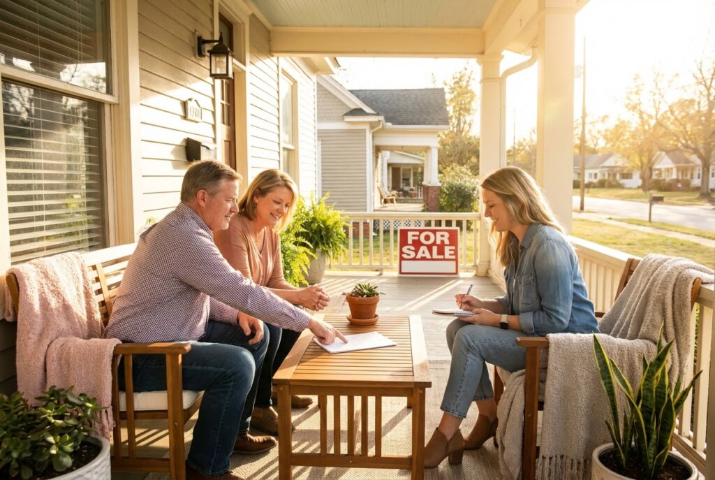 Smiling couple reviewing documents with a female agent on a sunny porch with a "For Sale" sign.