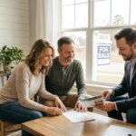 Smiling couple reviewing documents with a real estate agent, a SOLD FOR SALE sign visible through the window.