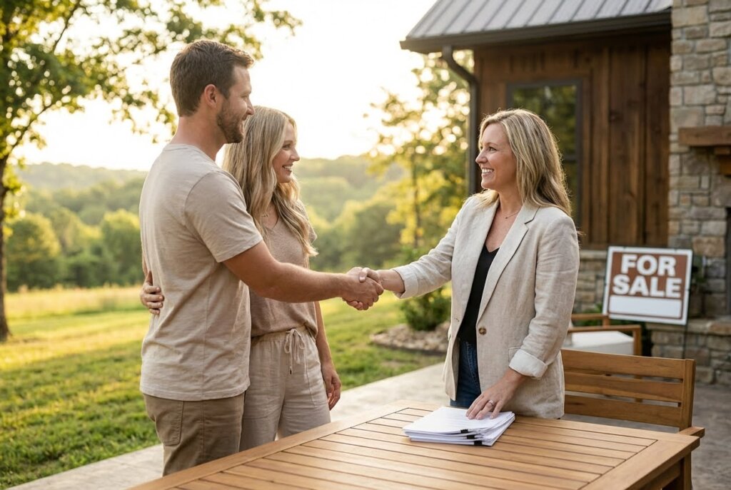 Smiling couple shaking hands with a realtor in front of a modern house with a For Sale sign.
