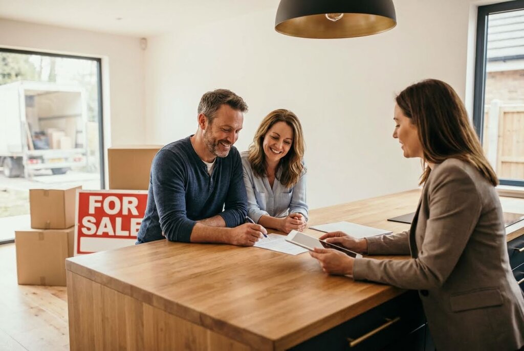 Smiling couple signing documents with a real estate agent in a new home with moving boxes and a "For Sale" sign.
