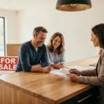 Smiling couple signing documents with a real estate agent in a new home with moving boxes and a For Sale sign.
