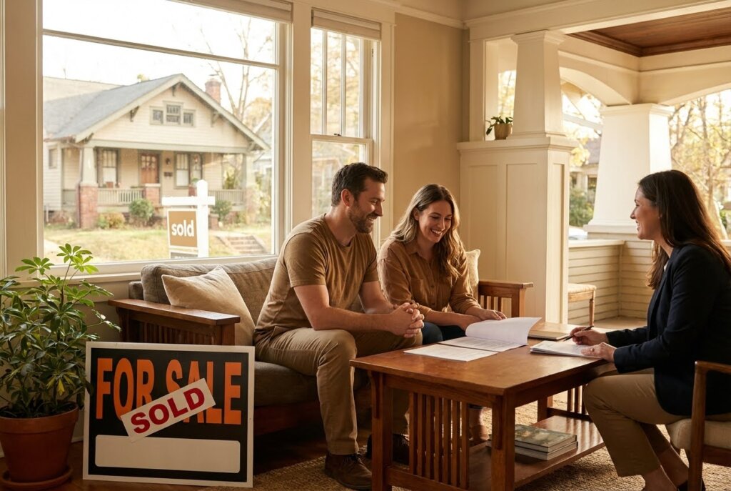 Smiling couple signing papers with a real estate agent in a sunny living room, with For Sale Sold sign.