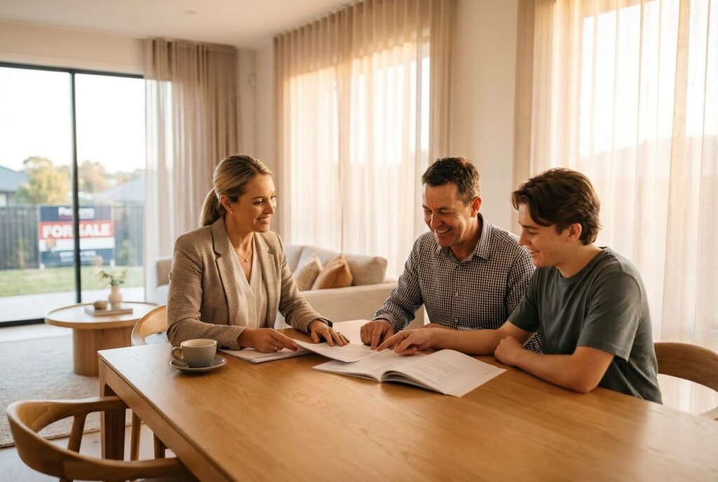 Smiling real estate agent discussing documents with a father and son at a table, with a For Sale sign visible outside.