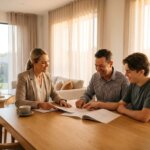 Smiling real estate agent discussing documents with a father and son at a table, with a For Sale sign visible outside.