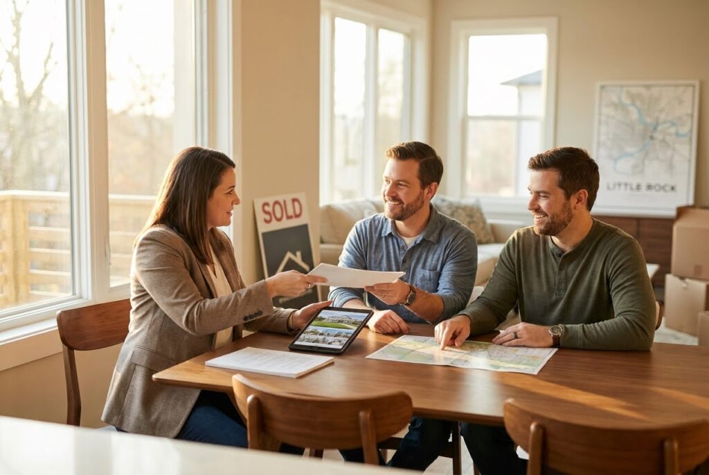 Three people, two men and one woman, smiling at a table with documents, a tablet, and a map.