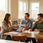 Three people, two men and one woman, smiling at a table with documents, a tablet, and a map.