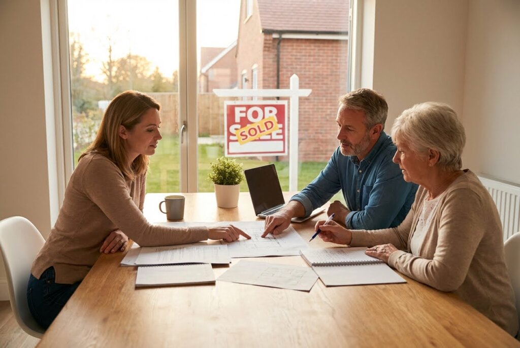 Three people, two older and one younger, review documents at a table with a FOR SOLD sign visible outside.