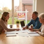 Three people, two older and one younger, review documents at a table with a FOR SOLD sign visible outside.