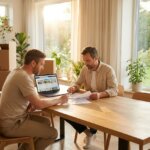Two men review documents at a wooden table with a laptop, moving boxes, and a FOR SALE sign visible outside