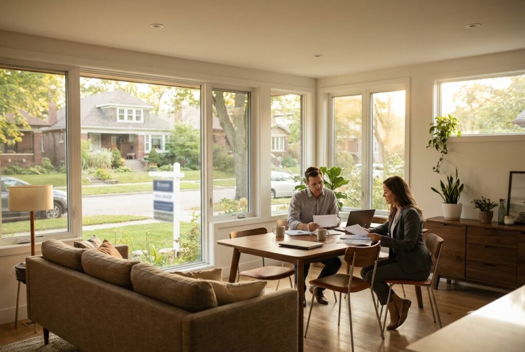 Two people review documents at a table in a bright room with large windows overlooking a house for sale.
