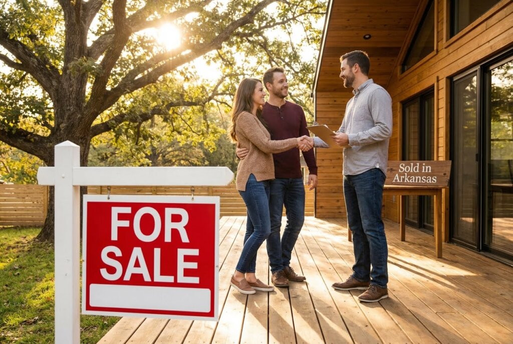 A "For Sale" sign in front of a modern wooden house, with a couple shaking hands with a real estate agent on the deck.