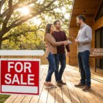 A "For Sale" sign in front of a modern wooden house, with a couple shaking hands with a real estate agent on the deck.