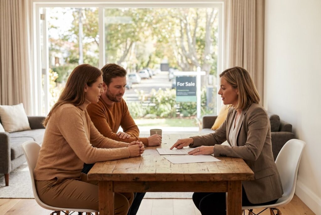 A couple and a female lawyer review documents at a wooden table, with a For Sale sign visible outside a large window.